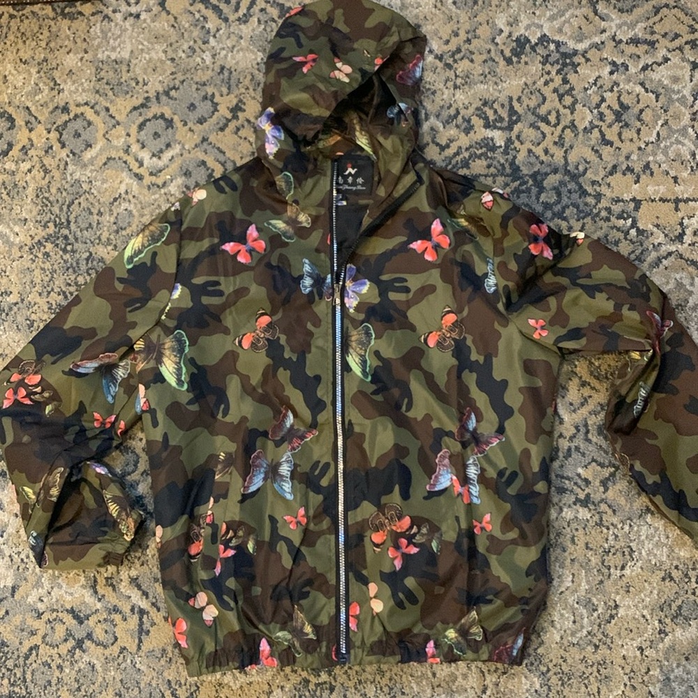 Nan Zhang Lun Camo Jacket w/ Hood Unisex Green Windbreaker Butterflies